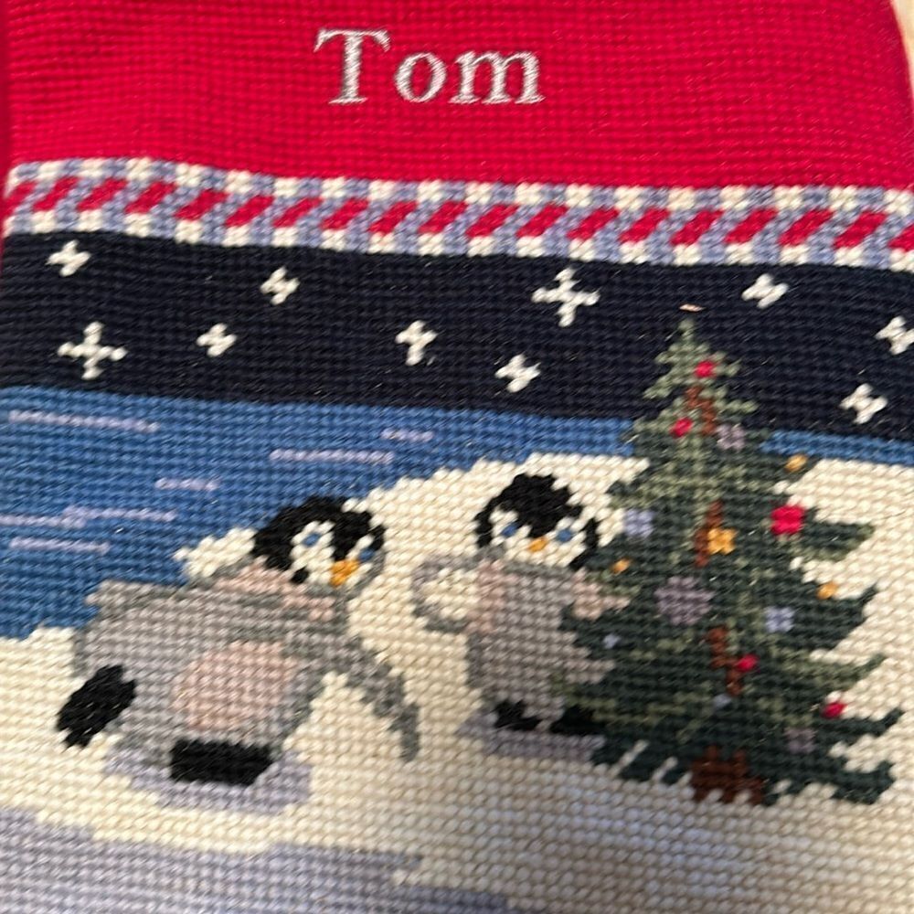 Land's End Needlepoint Christmas stocking red velvet back wool Embroidered TOM